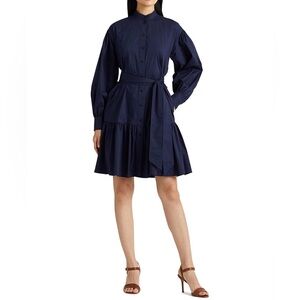 NWT Lauren Ralph Lauren Belted Cotton Blend Shirt Dress Size 14 Navy Blue Knee